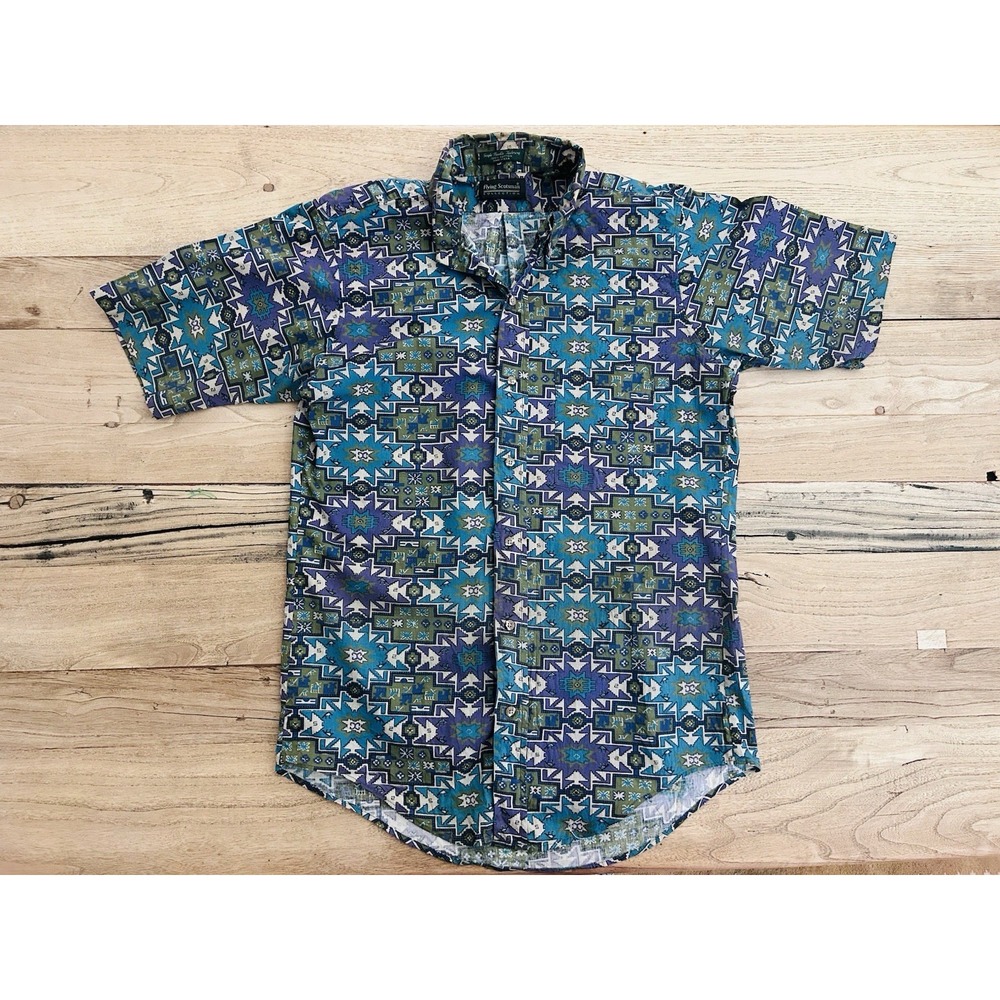 Vtg Flying Scotsman Southwest Aztec Short Sleeve Button Up Shirt Medium